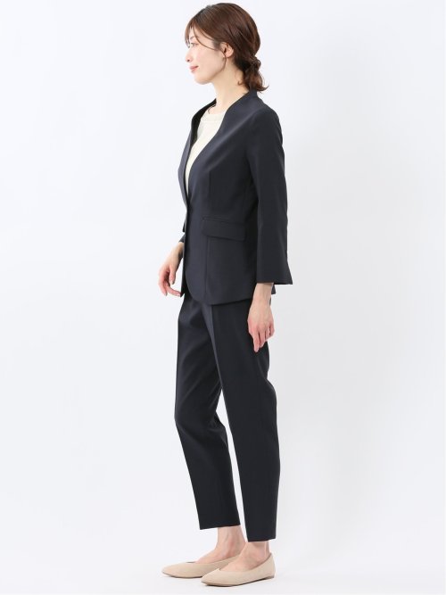ストレッチ ウォッシャブル カラーレス 7分袖 ジャケット＋テーパードパンツ ピンヘッド紺