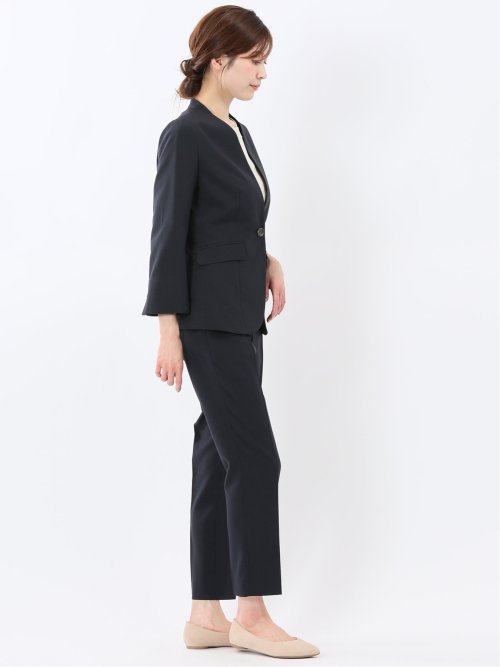 ストレッチ ウォッシャブル カラーレス 7分袖 ジャケット＋テーパードパンツ ピンヘッド紺