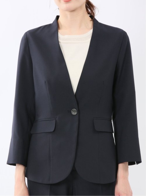 ストレッチ ウォッシャブル カラーレス 7分袖 ジャケット＋テーパードパンツ ピンヘッド紺