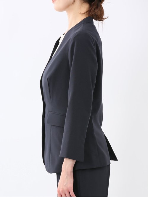 ストレッチ ウォッシャブル カラーレス 7分袖 ジャケット＋テーパードパンツ ピンヘッド紺