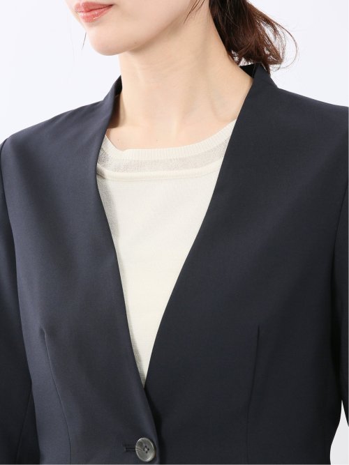 ストレッチ ウォッシャブル カラーレス 7分袖 ジャケット＋テーパードパンツ ピンヘッド紺