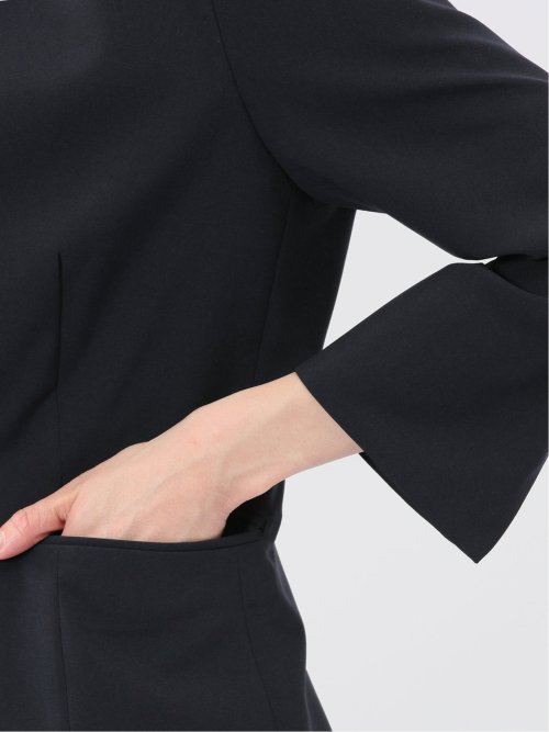 ストレッチ ウォッシャブル カラーレス 7分袖 ジャケット＋テーパードパンツ ピンヘッド紺