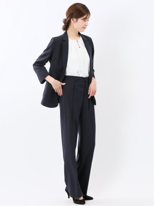 ストレッチ ウォッシャブル 1ボタン 7分袖 ジャケット＋セミワイド パンツ 紺