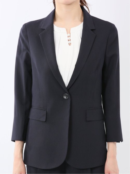 ストレッチ ウォッシャブル 1ボタン 7分袖 ジャケット＋セミワイド パンツ 紺