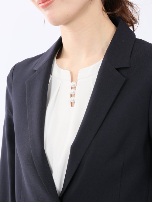 ストレッチ ウォッシャブル 1ボタン 7分袖 ジャケット＋セミワイド パンツ 紺