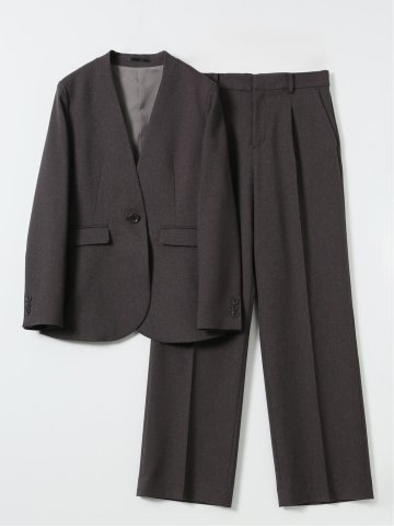 スーツ レディース 上下 セットアップ ツーピース ビジネス ストレッチ ウォッシャブル カラーレス ジャケット ＋ ワイド パンツ こげ茶