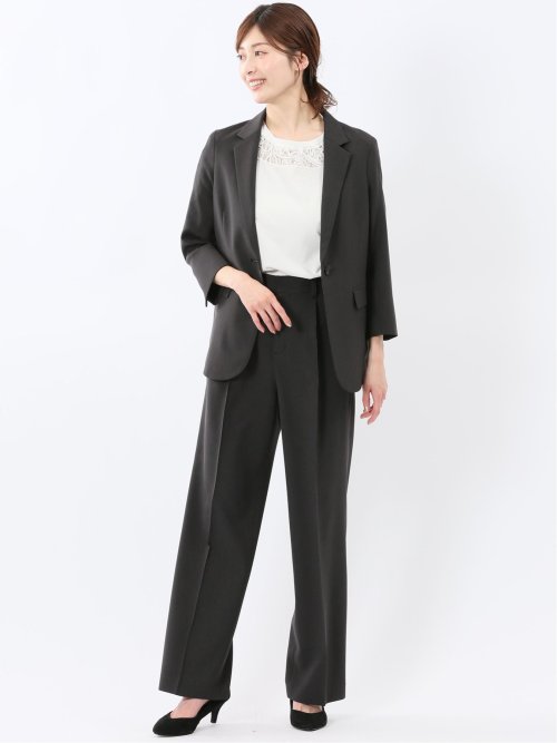 ストレッチ ウォッシャブル 1ボタン 7分袖 ジャケット＋セミワイド パンツ 黒