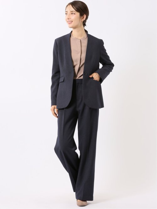 スーツ レディース 上下 セットアップ ツーピース ビジネス ストレッチ ウォッシャブル カラーレス ジャケット ＋ ワイド パンツ 紺