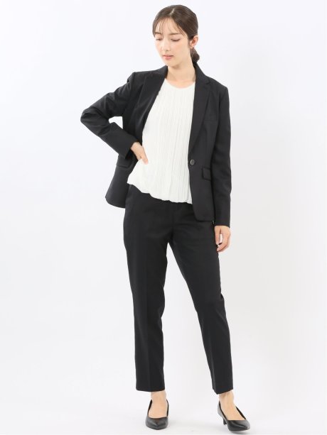 ストレッチウォッシャブル 1ボタンジャケット＋テーパードパンツ シャドーストライプ黒