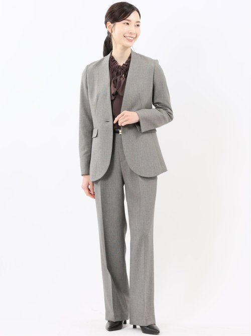 ストレッチウォッシャブル リラクシング ノーカラージャケット＋セミワイドパンツ シャークベージュ