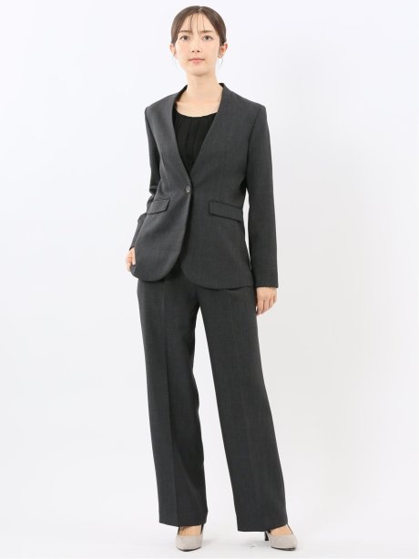 ストレッチウォッシャブル リラクシング ノーカラージャケット＋セミワイドパンツ シャーク紺