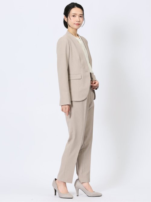 ストレッチウォッシャブル カラーレスジャケット＋テーパードパンツ メランジベージュ