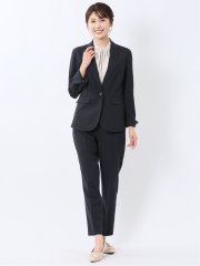 ストレッチウォッシャブル 1ボタンジャケット＋テーパードパンツ チェック紺