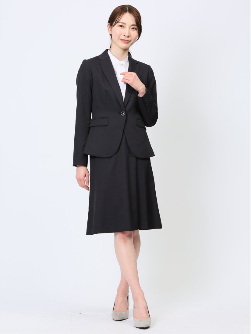 ストレッチウォッシャブル 1ボタンジャケット＋フレアースカート 組織  