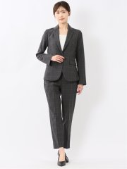 ストレッチウォッシャブル 1ボタンジャケット＋テーパードパンツ チェックグレー