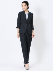 麻調合繊 1ボタン7分袖ジャケット＋テーパードパンツ 紺