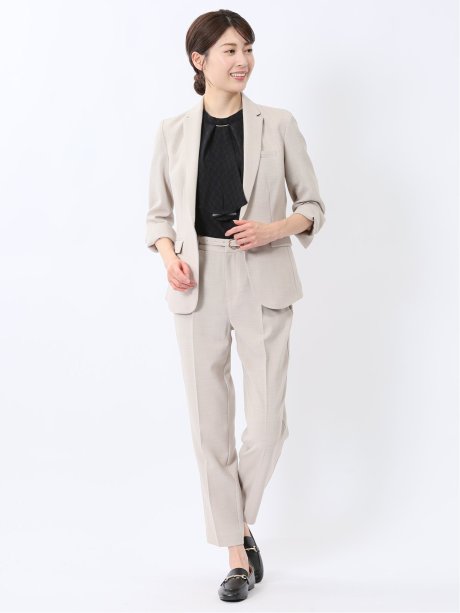 麻調合繊 1ボタン7分袖ジャケット＋テーパードパンツ ベージュ