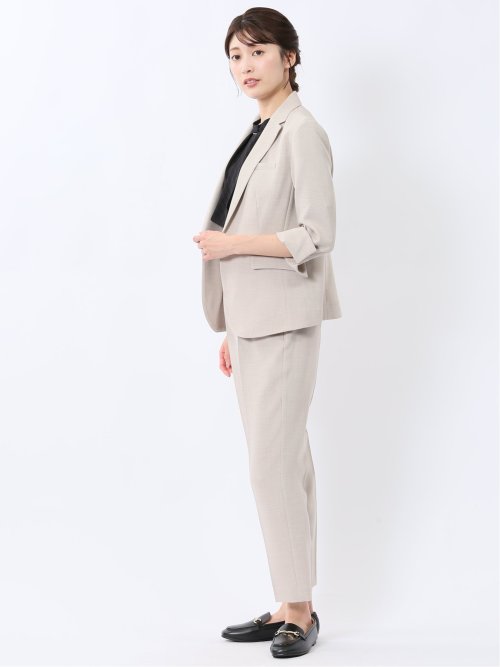 麻調合繊 1ボタン7分袖ジャケット＋テーパードパンツ ベージュ