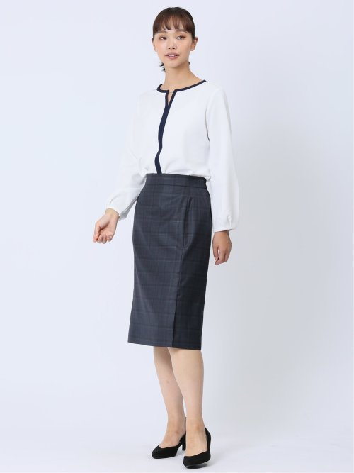 ウール混チェック柄 タイトスカート 紺(セットアップ可能)