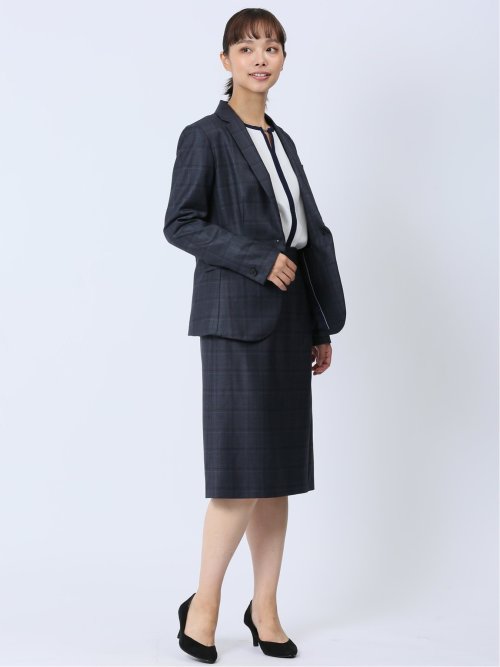 ウール混チェック柄 タイトスカート 紺(セットアップ可能)