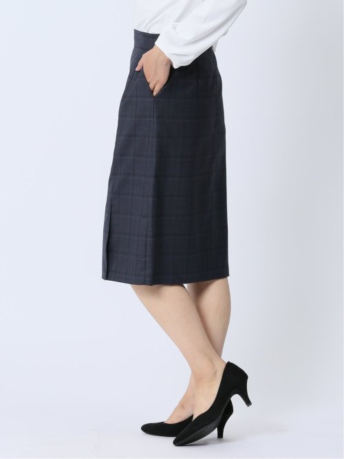 ウール混チェック柄 タイトスカート 紺(セットアップ可能)