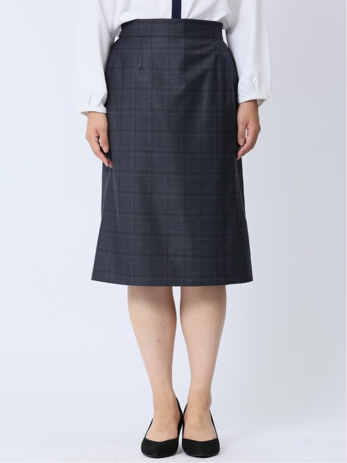 ウール混チェック柄 タイトスカート 紺(セットアップ可能)