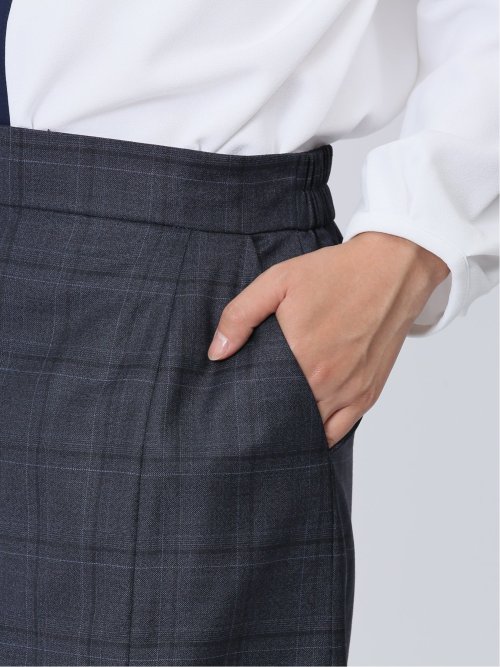 ウール混チェック柄 タイトスカート 紺(セットアップ可能)