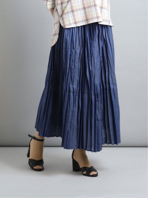 デニム風ランダムプリーツ ロングスカート(FREE 70青): スカート 