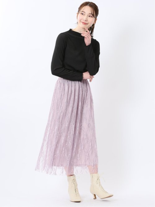 チャームベリーチック/CHRM BERRY TIC 花柄レースチュール プリーツスカート