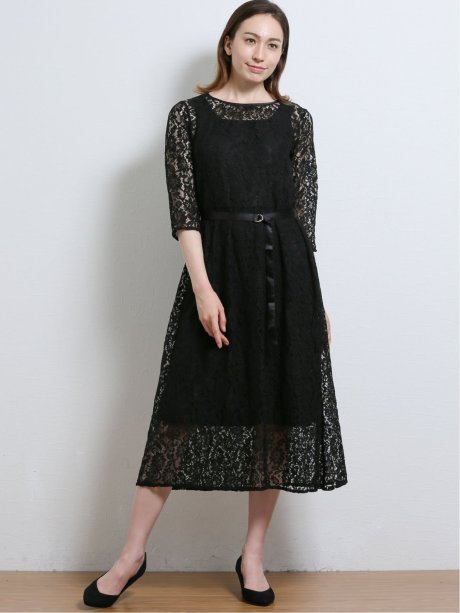 コードラッセルレース7分袖ロングワンピース M 05黒 ワンピース ドレス Taka Q Online Shop タカキューオンラインショップ 公式通販
