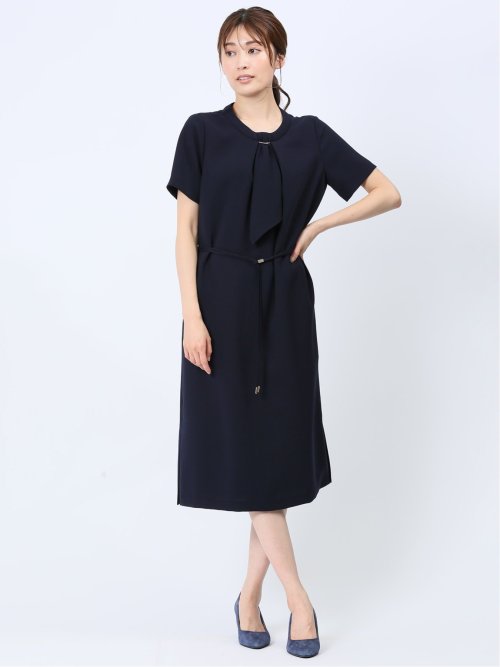 ストレッチウォッシャブル 半袖サックワンピース 紺(セットアップ可能)
