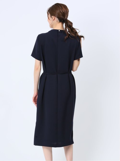 ストレッチウォッシャブル 半袖サックワンピース 紺(セットアップ可能)
