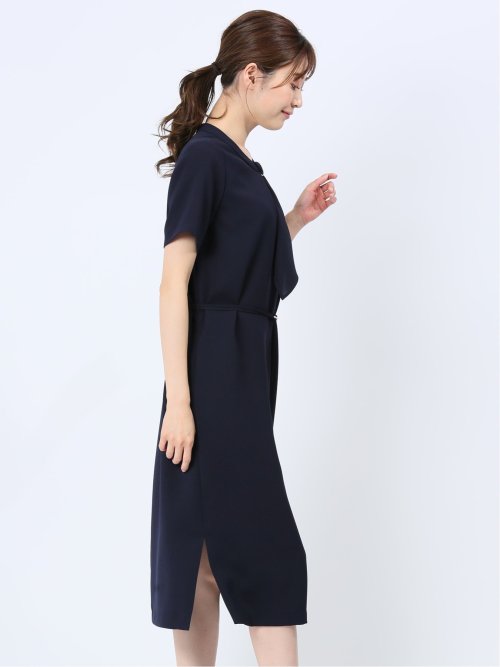 ストレッチウォッシャブル 半袖サックワンピース 紺(セットアップ可能)