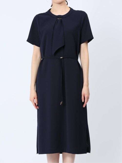 ストレッチウォッシャブル 半袖サックワンピース 紺(セットアップ可能)