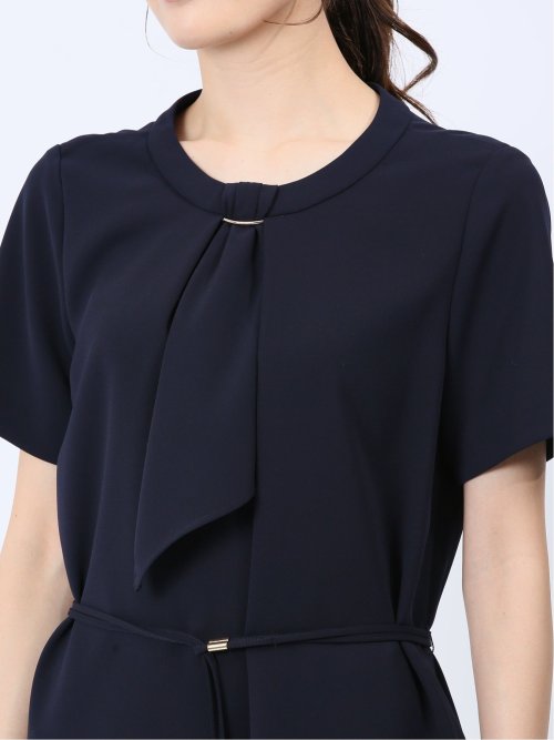 ストレッチウォッシャブル 半袖サックワンピース 紺(セットアップ可能)