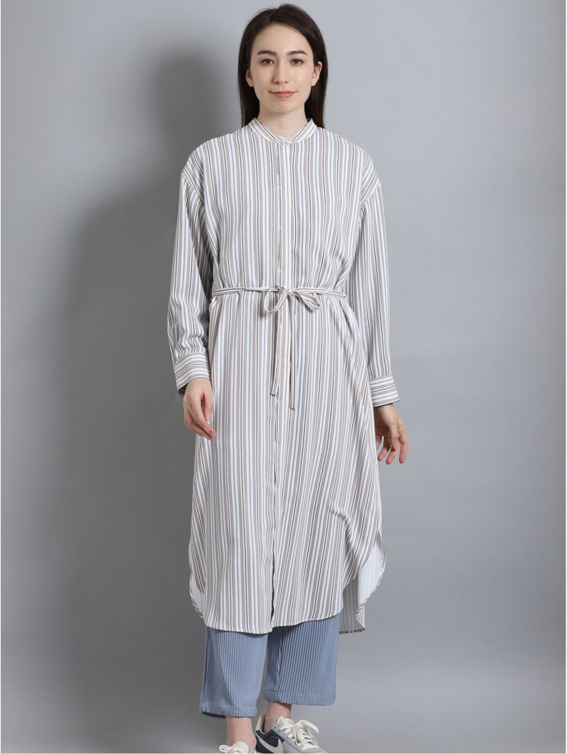 ストライプ柄 バンドカラー長袖シャツワンピース M 40黄 ワンピース ドレス Taka Q Online Shop タカキューオンラインショップ 公式通販