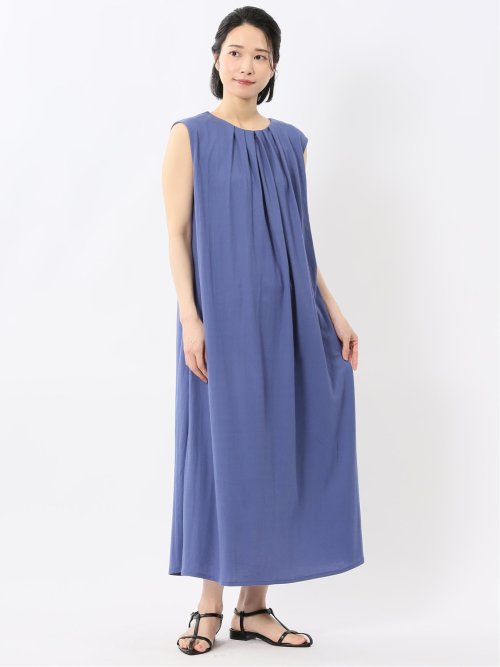ストレッチウォッシャブル 半袖サックワンピース 紺(セットアップ可能