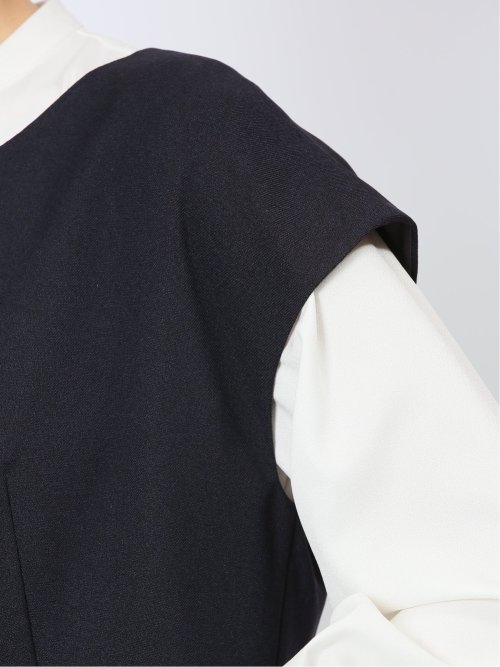 ストレッチウォッシャブル ドライツイル タックワンピース 紺(セットアップ可能)