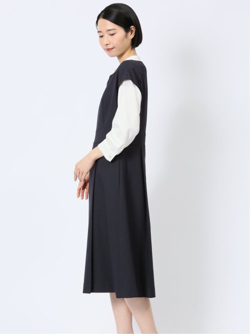ストレッチウォッシャブル ドライツイル タックワンピース 紺(セットアップ可能)