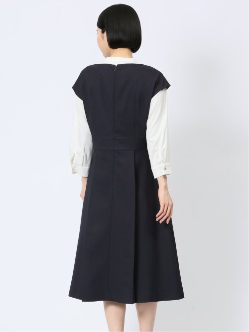 ストレッチウォッシャブル ドライツイル タックワンピース 紺(セットアップ可能)