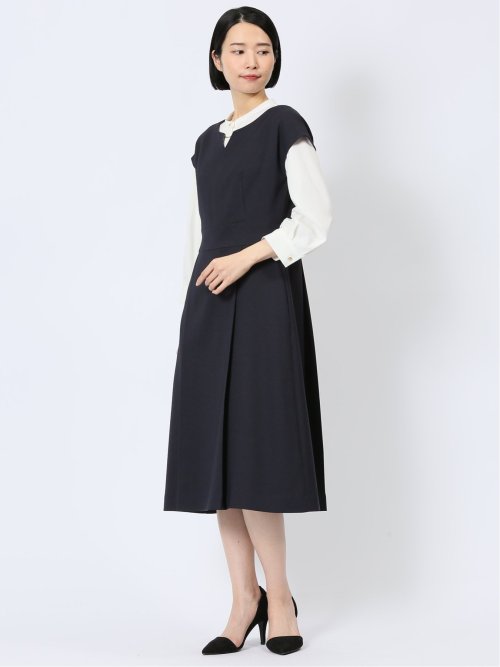 ストレッチウォッシャブル ドライツイル タックワンピース 紺(セットアップ可能)