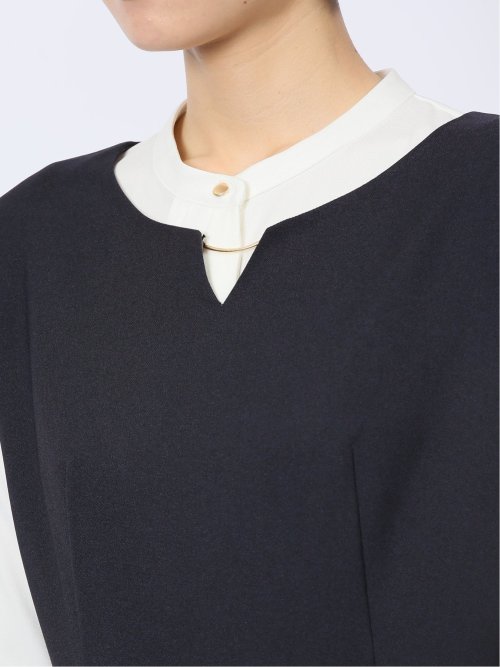 ストレッチウォッシャブル ドライツイル タックワンピース 紺(セットアップ可能)