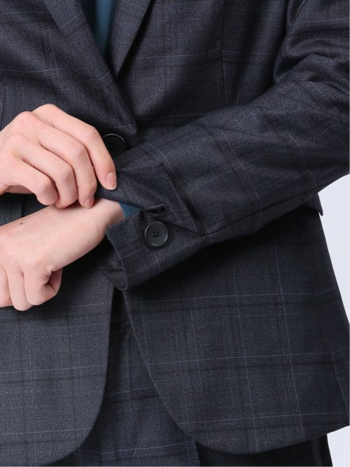 ウール混チェック柄 1ボタンジャケット 紺(セットアップ可能)