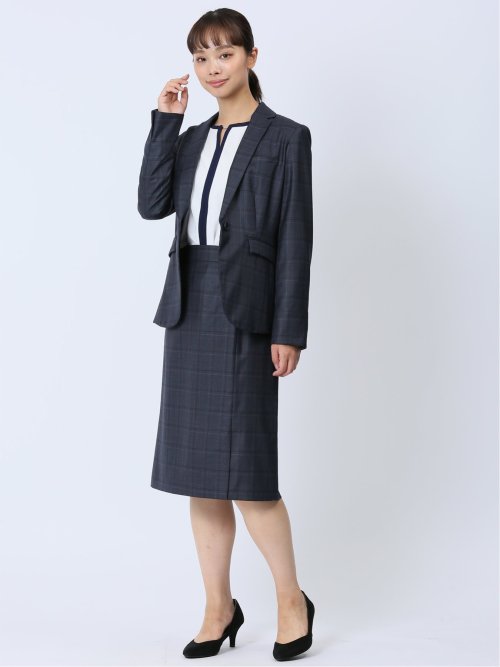 ウール混チェック柄 1ボタンジャケット 紺(セットアップ可能)
