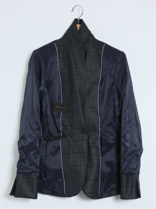ウール混チェック柄 1ボタンジャケット 紺(セットアップ可能)