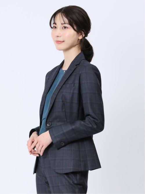 ウール混チェック柄 1ボタンジャケット 紺(セットアップ可能)