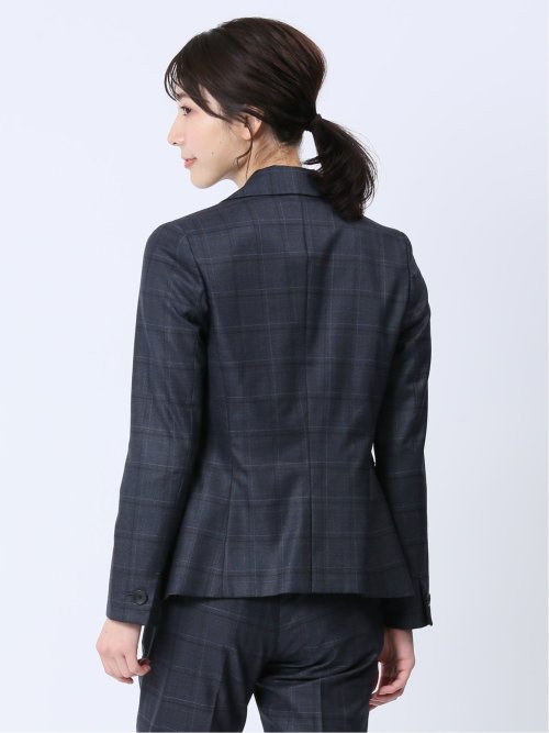 ウール混チェック柄 1ボタンジャケット 紺(セットアップ可能)