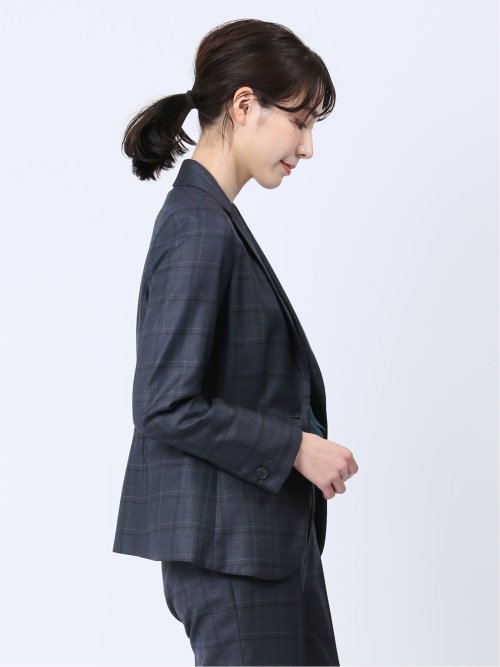 ウール混チェック柄 1ボタンジャケット 紺(セットアップ可能)