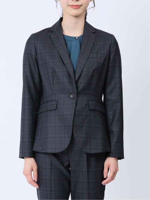 ウール混チェック柄 1ボタンジャケット 紺(セットアップ可能)