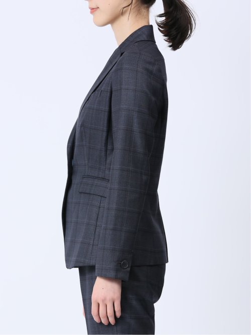 ウール混チェック柄 1ボタンジャケット 紺(セットアップ可能)